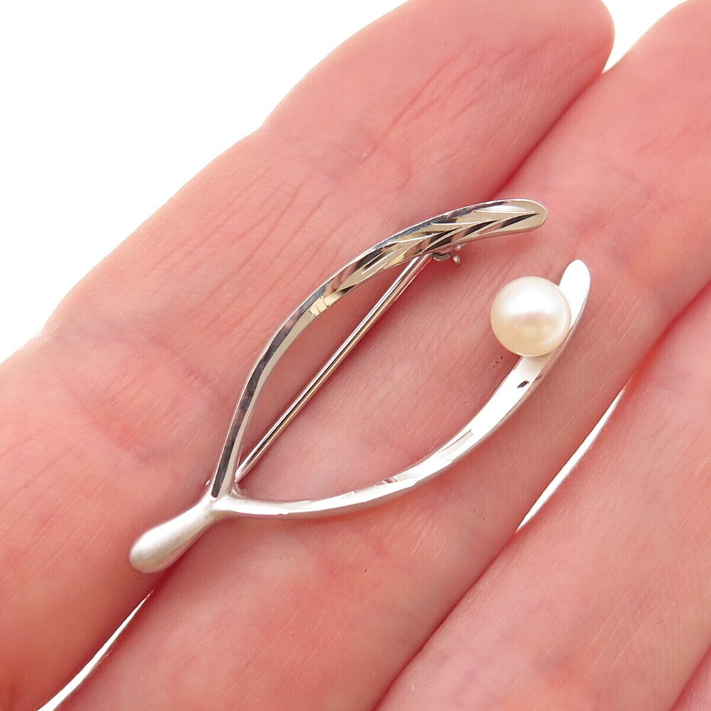 Marvel 925 Sterling Silver Antique Art Deco Real Pearl Wishbone Pin Brooch